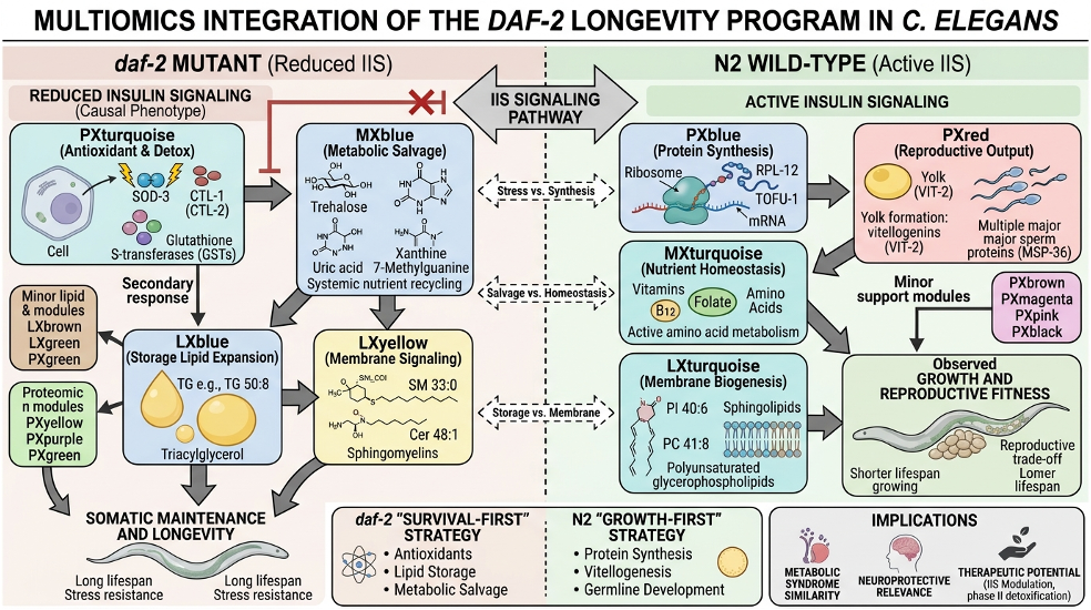 AI-generated infographic summarising the biological narrative of daf-2 vs N2 multi-omics modules.